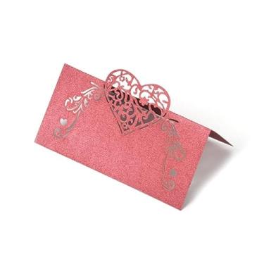 Imagem de 50 cartões de lugar em forma de coração cortados a laser para decoração de mesa, decoração de festa de casamento (vermelho, 50 peças)