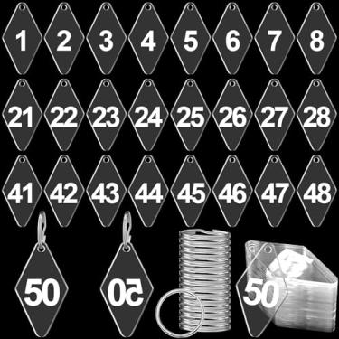 Imagem de Fuyoooo 50 etiquetas de número de losangos de acrílico transparente 1-50 com chaveiros de metal, etiquetas de chave numeradas duráveis para chaves de hotel, armários de dormitório, armários de