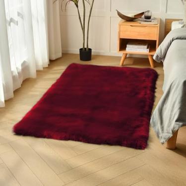 Imagem de duduta Tapete de pele sintética bordô 0,9 x 1,5 m para quarto de bebê, tapete de pele de ovelha retangular felpudo fofo lavável na máquina