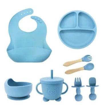 Imagem de Kit 8pçs Talheres de Silicone p/Bebê com Ventosa, Colher, Garfo, Canudo e Babador Infantil (8 pcs/azul bebe)