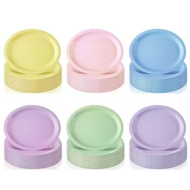 Imagem de Geyoga 48 peças de pratos ovais, 25 x 30,5 cm, grandes, descartáveis, resistentes, para festas, sobremesas, para aniversário, casamento, chá de bebê (formato oval, cor pastel)