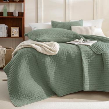 Imagem de Sanracie Colcha King extragrande lavada na pedra (304,8 x 304,8 cm), conjunto de colcha de cama com estampa de ponto cruz verde oliva de algodão California King, ultramacio, respirável, enrugado para