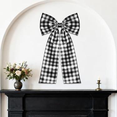 Imagem de CORNER LACE Decoração de laço xadrez preto, 31 x 75 cm gravata borboleta grande de cetim para sala de casa, lareira, janela, porta, cadeira, cortina, férias, chá de panela, chá de bebê, despedida de