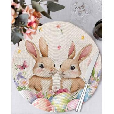 Imagem de Jogo americano redondo com ovos de páscoa com flores de primavera, borboleta, conjunto de tapetes de mesa resistentes ao calor de 5,5 cm para decoração de cozinha, jantar e primavera