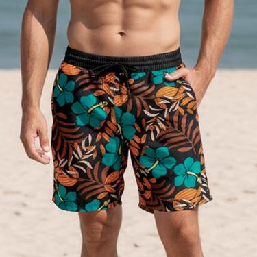 Imagem de Bermuda Estampada Tactel Elastano Short Premium Leve Praia - Preto - Florido - P-Masculino