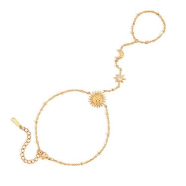 Imagem de Pulseira feminina banhada a ouro Lua e Sol | Pulseira delicada de zircônia cúbica e anel de joia corporal, 6 Inches, Ouro amarelo, Zircônia cúbica