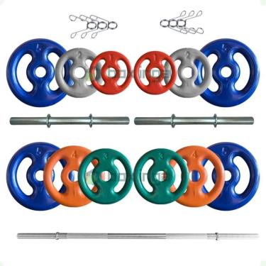 Imagem de Kit 40 Kg de Anilhas Emborrachadas + 2 Barras Maciças Zincada 40cm e Barra de 150cm-Unissex