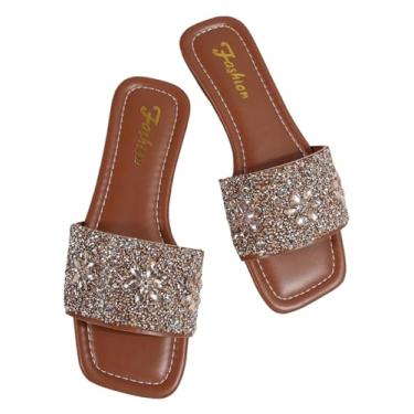 Imagem de BEAUDRM Pantufas femininas com glitter com pérolas brilhantes com contas e bico aberto, Marrom café, 37