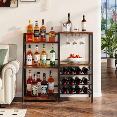 Imagem de Homeiju Barra de armário de bebidas para bar doméstico, rack de vinho de 3 níveis, piso independente com suporte de vidro e cercas, prateleira de exibição de garrafa de licor trapezoidal para vinho de