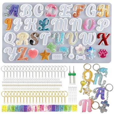 Imagem de QENEQ Kit de moldes de resina de alfabeto extravagante, chaveiro de letra invertida, moldes de fundição epóxi, conjunto de chaveiros com 1 broca manual, 2 brocas, 30 anéis de chaveiro, 100 pinos de