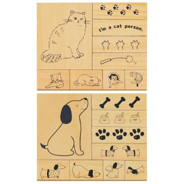 Imagem de Conjunto de 18 peças de carimbos de madeira com tema de gato e cachorrinho – Carimbos adoráveis com estampa de cachorro, gato, pata, ossos, ração para cães e poses divertidas – Perfeito para álbuns