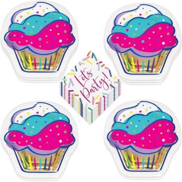 Imagem de Artigos de festa de doces e cupcakes – Pratos de sobremesa de papel em forma de cupcake e guardanapos de bebida com granulado de doces (serve 16)