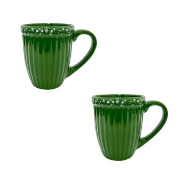 Imagem de Kit de 2 Canecas de Cerâmica 390ml 2ª Linha - Tema Natal Feliz, Ideal para Presente e Uso Doméstico (Verde Floco de Neve)