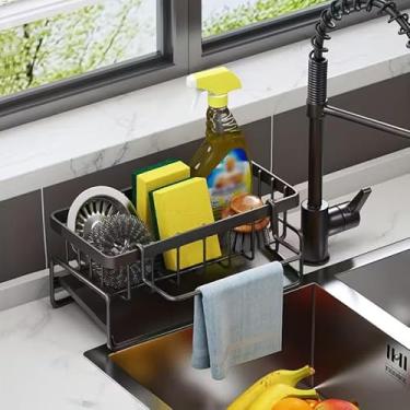 Imagem de 1 suporte de pia de cozinha de carbono resistente com suporte de esponja montado na pia, suporte organizador de bancada multiuso, sabão de louça e suporte de escova para economia de espaço, preto