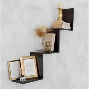 Imagem de Nicho Para Quarto, uma estante decorativa em MDF em formato de W, também adequada para escritórios, salas de estar e cozinhas; prateleira de armazenamento em ziguezague(Preto)