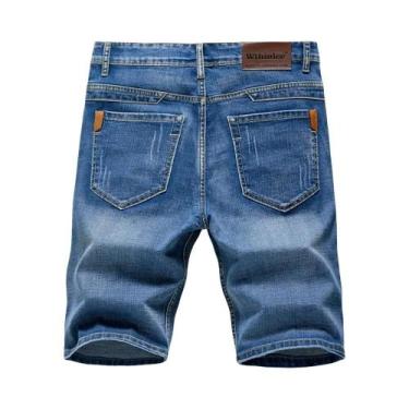 Imagem de Bermuda Jeans Masculina De Verão Com Elastano, Corte Reto, Casual, Azu
