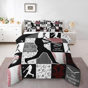 Imagem de Feelyou Conjunto de edredom de beisebol, esportivo, geométrico, preto, patchwork, softball, jogos, esportes, edredom de microfibra, 3 peças com 2 fronhas