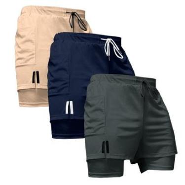 Imagem de Kit 3 Shorts Masculinos Esportivos 2 em 1 com Faixa Lateral e Ajuste Confortável-Masculino