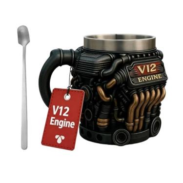 Imagem de Caneca de motor V12, copo de isolamento de parede dupla realista de aço inoxidável V12 de 300 ml, caneca de café mecânica, para inverno, casa, quintal, , pátio, exterior, jardim, parque, golfe