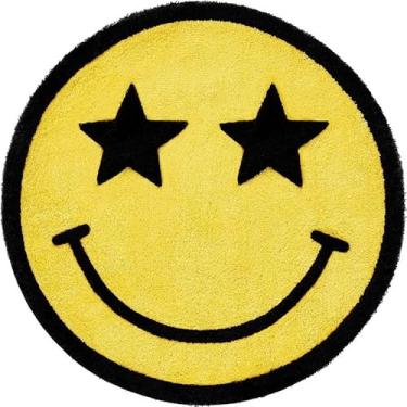 Imagem de Tapete redondo simples de rosto feliz, tapete de sala de jogos brilhante, decoração de casa alegre, tapete antiderrapante para berçário para crianças pequenas