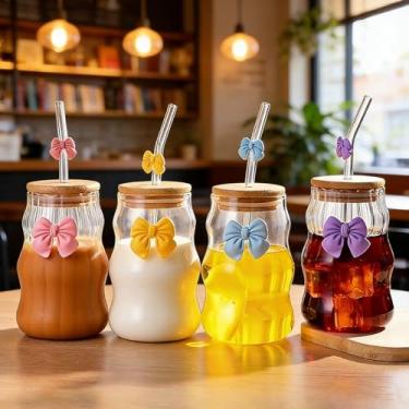 Imagem de 1 peça, 507 g, copos de vidro estilo princesa, vidro de borossilicato alto com tampa e canudo, seguro para micro-ondas, reutilizável para smoothies de café, suco de chá gelado, laço rosa em forma de