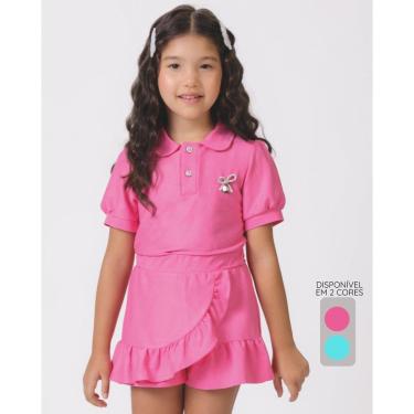 Imagem de Conjunto blusa polo shorts saia babado verão charmoso leve fofo - Pink e Verde - Menina 4 a 14 anos-Feminino