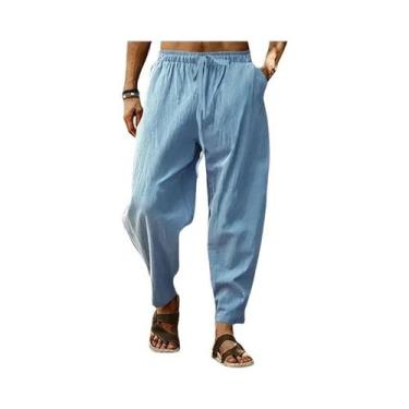 Imagem de Calças Masculinas De Cintura Alta, Perna Larga, Em Algodão E Linho, Ca