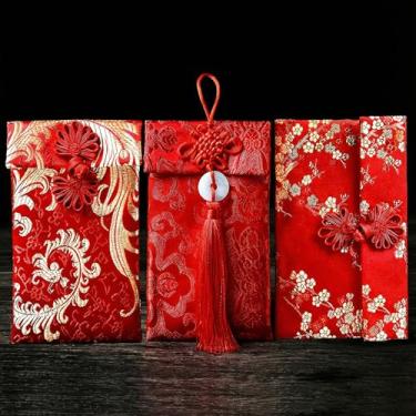 Imagem de Envelopes vermelhos de seda, 3 pacotes de envelopes para cartões HongBao para presente Bolsos vermelhos para dinheiro da sorte para o ano novo, festival de primavera, aniversário e casamento