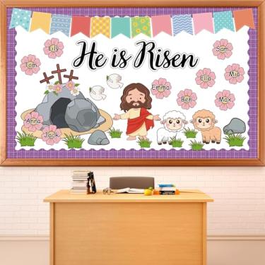 Imagem de Conjunto de quadro de avisos de Páscoa He is Risen, decorações cristãs para sala de aula de Páscoa, religioso, Jesus, recortes de cruz, etiquetas de nome de flores para escola dominical, sala de aula