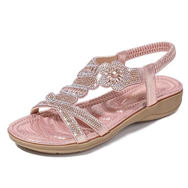 Imagem de KSHUN Sandálias femininas de verão elegantes sandálias planas casuais confortáveis sandálias boêmia de praia sapatos rasos, Ouro rosa, 36