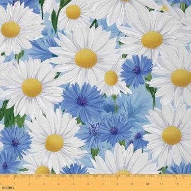 Imagem de 70s Groovy Daisy Fabric by The Yard Aquarela Branco Amarelo Azul Flores Tecido para Amantes de Costura Selvagem Vintage Hippie Floral Estilo Rústico Tecido para Cortina e Projetos de Casa DIY 5 jardas