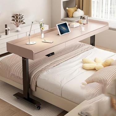 Imagem de Mesa ajustável sobre a cama com rodas - Mesa de elevação elétrica para computador móvel, estação de trabalho em pé ajustável em altura com gavetas, carrinho de laptop portátil para casa e escritório