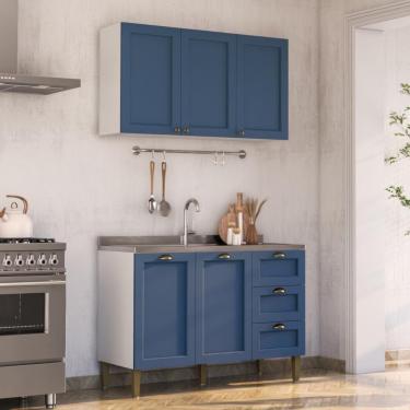 Imagem de Armário De Cozinha Americana Modulada 120cm Com Balcão Para Pia Multimóveis Cr20492 Branco-Azul