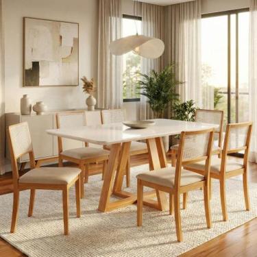 Imagem de 6 Cadeiras de Jantar Palha Estofadas Veludo Bege Encosto Tela Sextavad