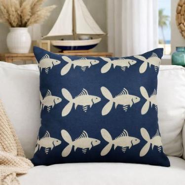Imagem de CAPA ALMOFADA LINHO PEIXE AZUL 45x45 CM - CIA DAS ALMOFADAS