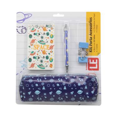 Imagem de Kit Estojo Le Azul com 1 Caderneta Decorada, 1 Caneta Decorada, 1 Binder Clip e 1 Estojo Decorado