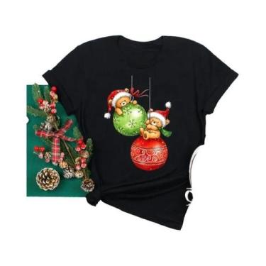 Imagem de Camiseta Feminina De Natal Com Estampa De Rena E Papai Noel, Gola O, E