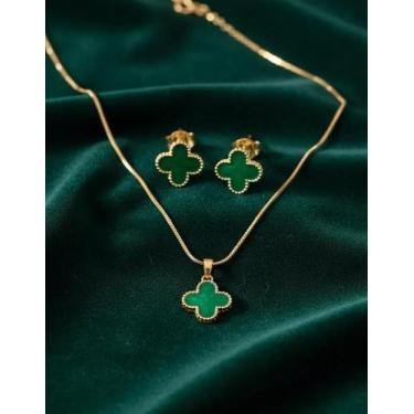 Imagem de Conjunto Colar E Brinco Trevo Verde Folheado - sem