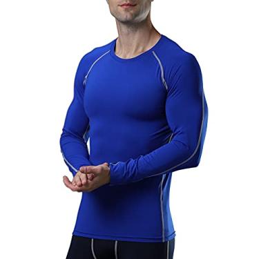 Imagem de Camiseta masculina esportiva de secagem rápida camada de base elástica gola O manga longa esporte treino camiseta tops(XX-Large)(Azul)