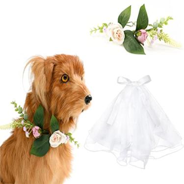 Imagem de SEIS Conjunto de 2 peças de colar de flores e véu de laço para cães de casamento guirlanda de simulação ajustável feita à mão para gatos festa de aniversário de casamento (roxo)