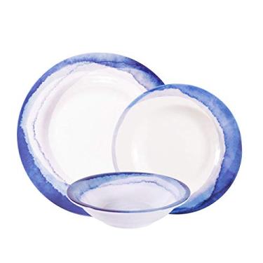 Imagem de First Design Global Louça abstrata elegante de melamina, conjunto de pratos exclusivo para festas ou uso diário, serviço para 4, azul moderno e branco