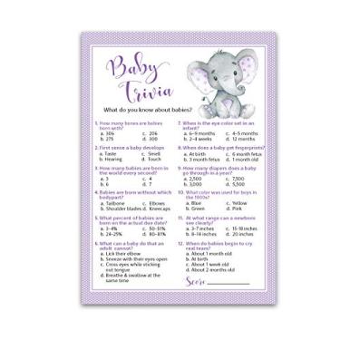 Imagem de Jogo de chá de bebê GENDER NEUTRAL — Jogo de trivia para bebês — 25 convidados — Elefante roxo divertido para bebês – Jogo de fatos divertidos para bebês, brinquedo de curiosidades e gênero neutro para chá de bebê, roxo, SKU G503-TRV
