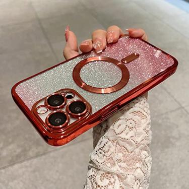 Imagem de Para chapeamento Gradient Glitter Clear Case para iPhone 14 Plus 11 12 13 Pro Max Soft Silicone Magnetic Wireless Charge Cover, red, For iphone 12 pro
