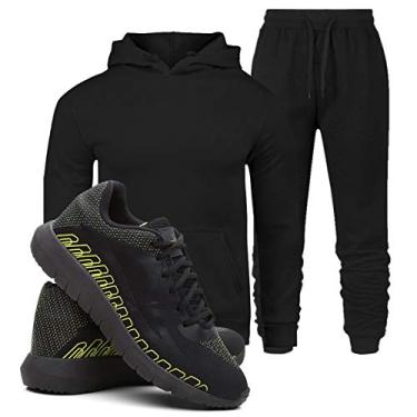 Imagem de Kit Moletom Blusa e Calça Masculino Algodão Conforto + Tenis Masculino SPEED Conforto - Preto/PretoVerde - G/43