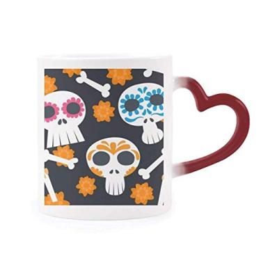 Imagem de Caneca de cerâmica Ossos Flor Caveira Ilustração Cultura México Sensível ao Calor Caneca de Grés Mudança de Cor Vermelha