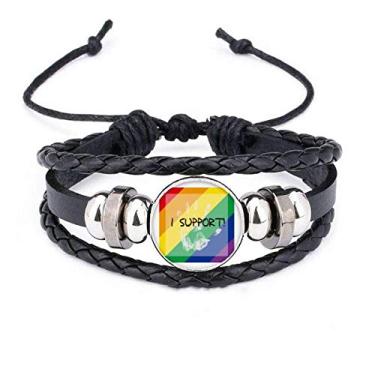 Imagem de DIYthinker LGBT Pulseira de couro trançado com bandeira de arco-íris I Support