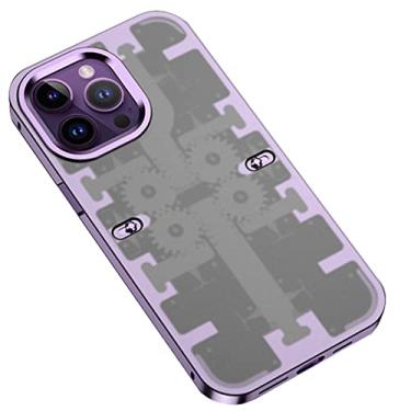 Imagem de DENSUL Capa para iPhone 14/14 Pro/14 Plus/14 Pro Max, capa de vidro temperado, traseira estilo legal 44 engrenagem mecânica, capa de telefone de proteção de lente de liga de alumínio, roxa, 14 pro 6,1 polegadas