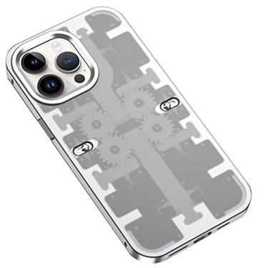 Imagem de DENSUL Capa para iPhone 14/14 Pro/14 Plus/14 Pro Max, capa de vidro temperado, traseira estilo legal 44 engrenagem mecânica, capa de telefone de proteção de lente de liga de alumínio, prata, 14 pro 6,1 polegadas