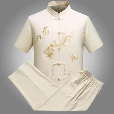 Imagem de Conjunto de fantasia masculina tradicional chinesa 2 peças camisa de manga curta + calça respirável masculina Kung Fu Tang terno casual conjunto