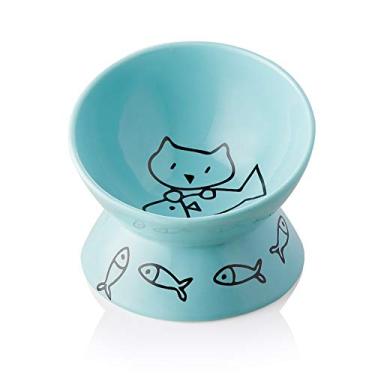 Imagem de SWEEJAR Tigela elevada para gatos para ração seca e molhada para gatos, tigela elevada de cerâmica para animais de estimação, protege a coluna do gato, sem estresse, design inclinado para alimentação fácil de gatos, 283 g, pode ser lavada na lava-louças (turquesa)
